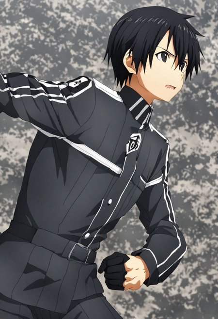 high resolution, solo, best quality, 1Boy, Kazuto Kirigaya, Black Hair, Black Eyes, military, action, OverallDetail