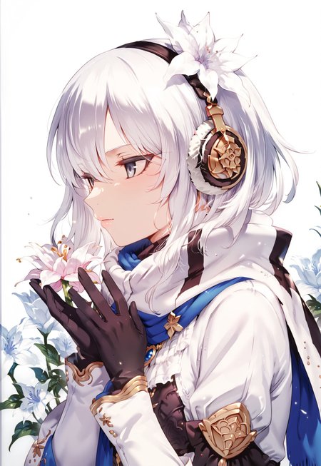 score_9, score_8_up, score_7_up, source_anime,((masterpiece, best quality, illustration)),(((detailed lighting, rendered, perfect hair, detailed face and body, detailed fingers))),M-Da_S-Tarou, hand-drawn ink and acrylic sketch, 1girl, solo, hair ornament, gloves, upper body, flower, white hair, hairband, black gloves, hair flower, scarf, grey eyes, profile, earmuffs, white theme