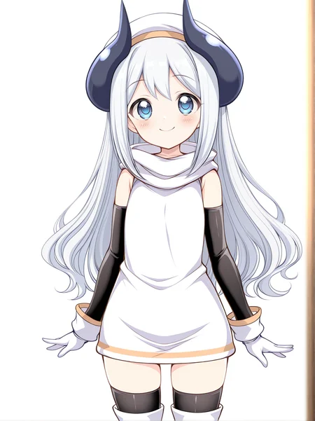 <lora:f_daiou:1> f_daiou <lora:dual_horn:1> dual horn, white long hair, blue eyes, black thighhighs, detached sleeves, white gloves,white  boots,tube  dress,best best quality, masterpiece, smile,cowboy shot, indoor