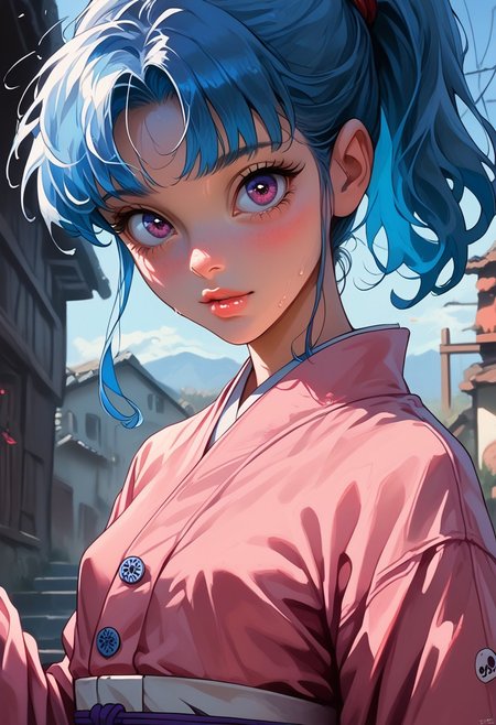 score_9, score_8_up, score_7_up, score_6_up, rating_explicit, realistic, solo focus, a woman, perfect cute face, natural breasts, looking at viewer,
nat, thick lips,  1girl, solo, breasts, ,upper view , , solo, add detailed eyes,portrait , cold soft lighting, well-lit, shiny skin, perfect thin waist, perfect round ass, perfect reflection, perfect lighting, perfect shadows, source_anime, cute 18 year old girl, big eyes, looking at viewer, small breasts, (, BTN, ponytail, blue hair, purple eyes, pink kimono, white sash, long sleeves, wide sleeves, red ribbon, looking at viewer, front view, outdoors), parted lip, view from side, eye level, cowboy shot, Fixhand.