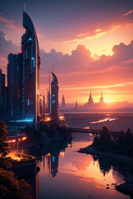 (Realistic:1.5), EDOBSYFYCITYLANDSCAPE, EDOBHORRORLANDSCAPE, EDOBFAIRYTALELANDSCAPE, neon trim, horizon, stairs, ruins, silhouette, hologram, spacecraft, sunset, teeth, reflection, <lora:EdobSyFyHorrorFairyTale_v1.0:0.8>
