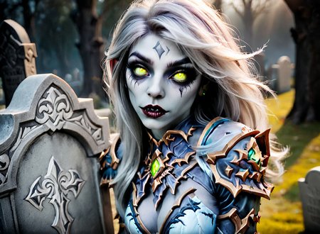Long exposure photo of world of Warcraft female undead zombie,grey skine tone,wearing a sexy outfit leaning against a tombstone,<lora:Super_Eye_Detailer_By_Stable_Yogi_SDPD0:1>,detailed eyes,perfect eyes,perfect skin texture,photorealistic eyes,highres,realistic,reality,<lora:3DMM_XL_V13:1>,3DMM . Blurred motion, streaks of light, surreal, dreamy, ghosting effect, highly detailed