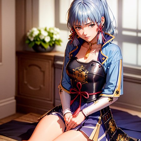 1girl, little blue hair,solo, blurry, sitting, blurry_background, blue_hair, looking_at_viewer, depth_of_field,kbxll