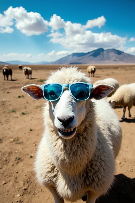 This is a high-resolution photograph of a sheep wearing oversized, stylish sunglasses. The sheep, centrally positioned in the image, is facing the camera with a wide, joyful smile, showcasing its white, fluffy wool and black nose. Its large, round eyes are covered by the sunglasses, which are tinted blue and have a slightly reflective surface. The sheep's ears are perked up, adding to its playful and cheerful demeanor.

In the background, there are several more sheep grazing in a dry, arid landscape with a mix of brown and beige tones. The distant horizon shows a mountain range under a clear, blue sky with scattered white clouds. The lighting in the image is bright, suggesting it was taken during the day, possibly in a rural or pastoral setting.

The sheep's wool appears thick and soft, with a slightly textured surface that contrasts with the smooth, glossy lenses of the sunglasses. The overall composition of the image is playful and whimsical, capturing the sheep’s humorous expression while maintaining a realistic and detailed depiction of the surrounding environment.,Dark Art