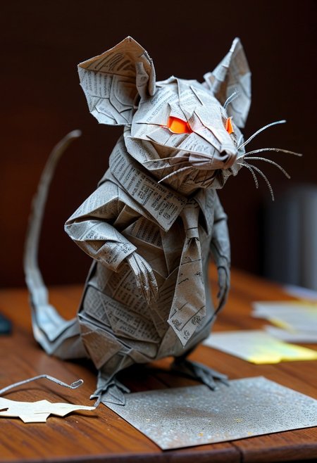 rat  made of paper, rat with tie, close up, textured paper, on wooden table, fluorescent, glowing eyes, paper computer, doing taxes, fluorescent, fluorescent dust, fluorescent spraypaint, glowing dust