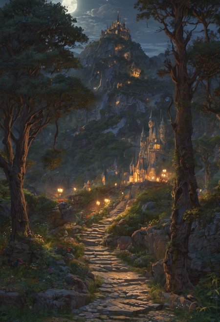 Under a full moon, a beautiful woman with a shimmering silver cloak walks along a stone path leading to an elegant elven castle. The castle, perched on a mountainside, overlooks a valley filled with luminous treehouses. Elves with intricate designs on their skin gather around a sparkling lake nearby.  <lora:EpicF4nta5yXL:0.8>