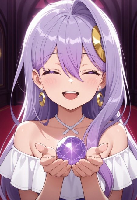 masterpiece,best quality,amazing quality, silk von santana, purple hair, long hair, purple eyes, 1girl, closed eyes, hair ornament, solo, smile, jewelry, open mouth, earrings, holding, hair between eyes, crescent