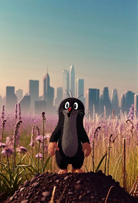 Blade Runner Style, <stardeaf-cold-arc>, Mil3r, Closeup Portrait and Dark Photo of little fluffy Mole, atmospheric haze, Environment, neon-pastel bubbles in the Air, Standing on dystopian flower meadow, bleaked giant mega city ruins into the Sky background, vibrant colorful, 
Photorealistic, Hyperrealistic, Hyper detailed, analog style, realistic, masterpiece, best quality, ultra realistic, 8k, Intricate, High Detail, film photography, soft lighting, heavy shadow,  
creating a dreamy and mystical atmosphere. The image is captured at an F/8 aperture, which provides a sharp focus on moles fur and intricate details of his features. The Amaro filter adds a warm and vintage tone to the artwork, giving it a timeless and enchanting feel.
