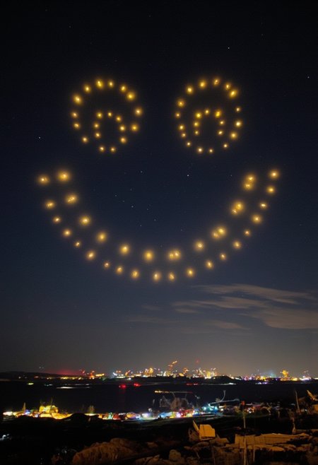 aidmaMJ6.1,This is a photograph of a night sky featuring a spectacular display of drone lights that are arranged to a Round yellow smiley face in an illuminated,  large-scale aerial display with the Arctic  Skyline beneath it.ultra detailed, ultra realistic, 8k