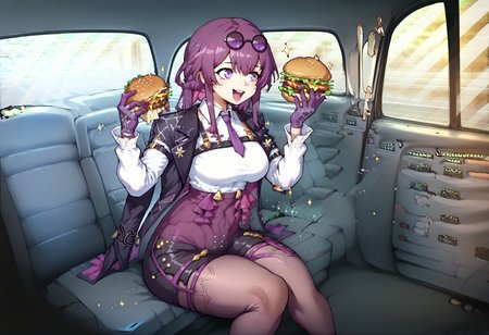 PonyXLV6_Scores BREAK source_anime, fake taxi, car interior, sitting, ground vehicle, BREAK DskKfka2024, 1girl, black jacket, black shorts, collared shirt, gloves, jacket, long hair, long sleeves, necktie, open clothes, pantyhose, purple gloves, purple hair, shirt, shorts, solo, eyewear on head, white shirt, holding, burger, eating burger, happy, sparkle, open mouth, mcdonald's, paper bag, <lora:Kafka_-_The_Ai_Generated_Edition_Honkai_Star_Rail_PonyXL:0.95>, <lora:FakeTaxiMeme_XLPD:1.2>