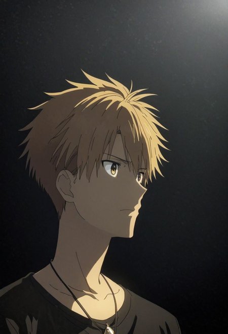 high resolution, solo, best quality, 1Boy, Yamato Ishida, Blond Hair, Necklace, cool, Mysterious black background, Movie lighting, a sense of atmosphere, OverallDetail