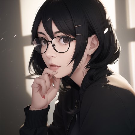 a young woman,

black haired,
glasses,

anime realistic, hyperreaistic,soft shadows, <lora:TsumasakyHanekawaTsubasa_v1:1>