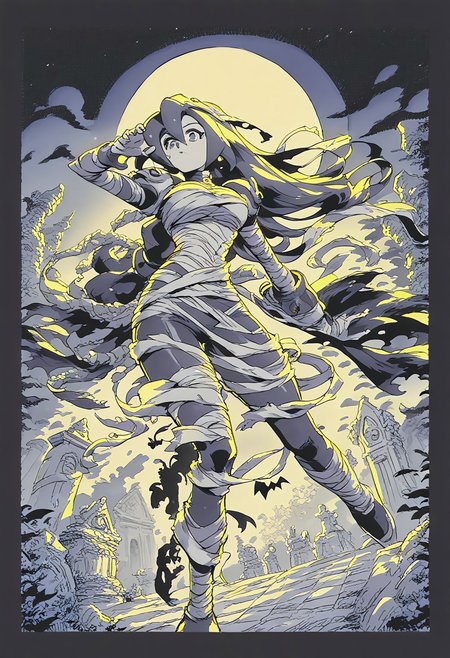 safe_pos, score_9, score_8_up, score_7_up, masterpiece, best quality, very aesthetic, perfect composition, orange, manga, comic, watercolor,  monochrome,1girl, iris \(mega man\),  large breasts, mummy costume, skin tight, dynamic pose, spooky, halloween, cemetery 