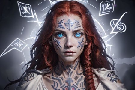 bright red hair, human female, (feminine:1.7), (beautiful face, detailed face:1.6), (beautiful eyes, detailed eyes:1.7), (looking at viewer, eye contact, intense:1.6), (long hair, red hair, curly hair:1.3), , ((masterpiece, best quality, high resolution, realistic, best quality,)), photo realistic, Perfect Face, (detailed face). <lora:GoodHands-vanilla:0.6> <lora:add-detail-xl:0.8>, mage, (Dress White military uniform coat), dagger, rune dagger, glowing runes, , (((glowing magic symbols tattoos, religious tattoos))), ((face tattoos)), glowing tattoos, stone tower in the background