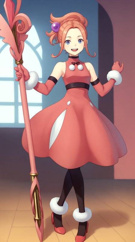 score_9, score_8_up, score_7_up, best background, detailed background, 4k, upscale, anime_source,  Adelle Nevanlinna, Main Outfit, solo, looking at viewer, smile, open mouth, holding, standing, full body, :d, indoors, staff, holding staff, skirt hold  <lora:JN_Adelle_Nevanlinna_Pony:0.8>