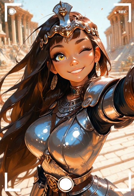 masterpiece, ultra-HD, cinematic lighting, photorealistic, impressionism (1.5), high detail, depth of field, (blurred background), (dramatic lighting),masterpiece, best quality, very aesthetic,8k,masterpiece, best quality,realistic, masterpiece, best quality, 8k, Rapscallionstyle, photorealsitic, 
1girl, 25 years old, perfect face, yellow eyes, dark-skinned female, brown hair, long hair, hair ornament, jewelry, headpiece, ancient roman warrior armour, large breast, metal armour, looking at viewer, super long hair, selfie, victory sign, selfie, camera frame, wind blowing, sphinx background, smile, wink, strong (depth of field),
