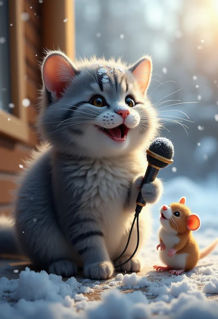 winter, sunny, porch, gray fluffy cat, big snowflake on his nose, funny cute mouse, laughing, singing a song into the microphone, funny, air brush, thin drawing, professional photoshoot, macro