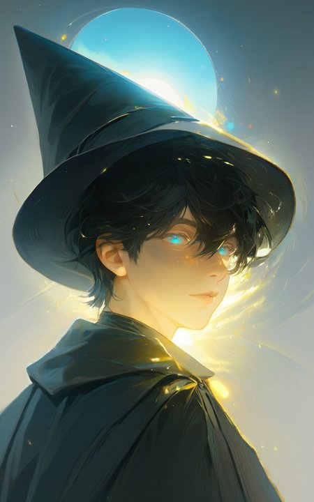 (masterpiece,best quality,ultra_detailed,highres,absurdres:1.2),golden partially colored,(oil painting \(medium\):1.1),strong lens  flare, 1boy, solo,witch hat, black hair, looking at viewer, grey eyes, short hair, blue eyes, floating hair, upper body
<lora:[Yue]Paintingboys-SDXL:1>, synthwave