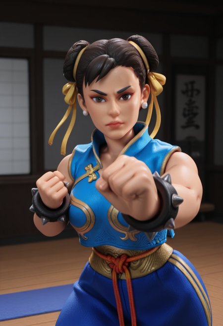 r0b0style, 3d figure,   masterpiece, best quality, solo,                        chun-li \(street_fighter\), dojo, punch coming straight for viewer, fist,  pov from viewer,