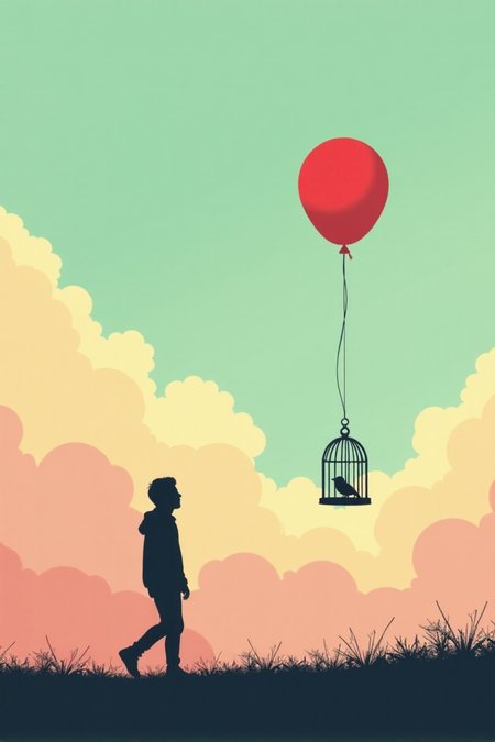 A silhouette of a person walking away from a birdcage, holding a string attached to a single red balloon, against a pastel sky with clouds, minimalist style, vector illustration -- The Price of Freedom
aidmafluxpro1.1,Fantasy detailersâââ