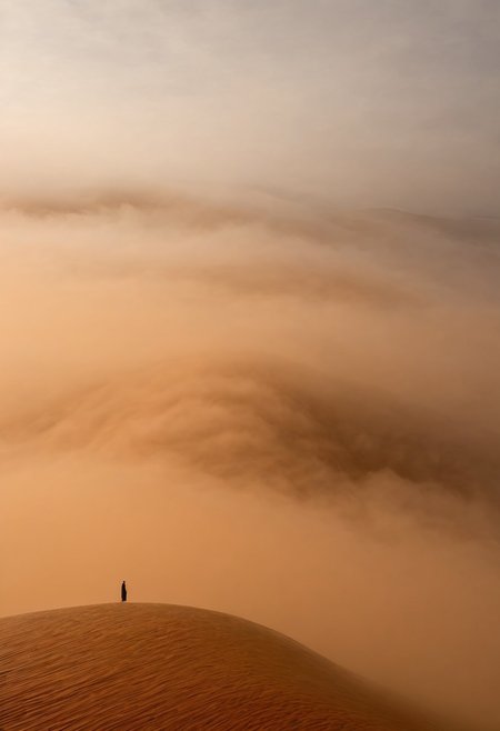 A lone figure dissolving into the shadows of a vast ethereal caramel fog