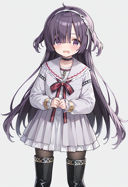 score_9, score_8_up, score_7_up, source_anime, rating:general,  <lora:lowres_concept_ponyXL_v1:-0.3>
BREAK,
1girl, solo, <lora:sumeragi_utsutsu_PonyXL_v1:1> sumeragi utsutsu, purple hair, long hair, bangs, purple eyes, 
looking at viewer, blush, open mouth, simple background, thighhighs, long sleeves, white background, dress, ribbon, school uniform, standing, pantyhose, hairband, boots, frills, choker, black thighhighs, sailor collar, black footwear, white dress, hair over one eye, red ribbon, two side up, neck ribbon, thigh boots, wavy mouth,