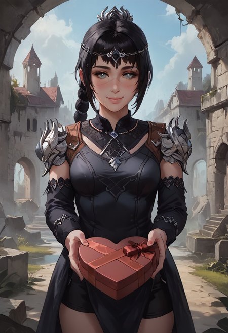 score_9, score_8_up, score_7_up, source_anime, 1girl, solo, perfect face, perfect eyes, shadowheart, black hair, braided ponytail, circlet, smile, <lora:heart-shaped-box-ponyxl-lora-nochekaiser:1>, heart-shaped box, holding, box, gift, valentine, incoming gift, blush, outstretched arms, concept art,
BREAK
detailed background, gothic, outside, camp, ruins, castle, statues