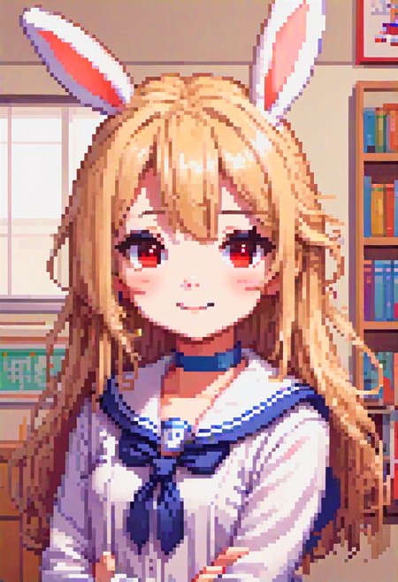 Pixel, furry, rabbit, 1girl, Smile, blond, very long hair, red eyes, sailor_collar, school_uniform, simple interior, soft and even, warm colors, pleasant and friendly, facing forward
