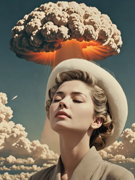 a serene woman, closed eyes, nuclear explosion background, classic mushroom cloud,