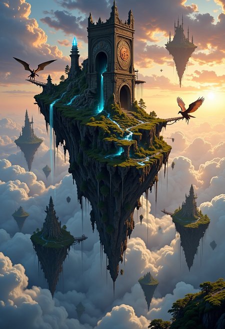 <lora:ck-OneViolentFantasy-000021:1>, in the style of ck-ovf, a vast cloud-scape filled with flying landmasses of various sizes, each one teeming with ruins in varying states of decay, glowing waterfalls cascading into the clouds below, and dense greenery. The largest island has a massive steel tower, partially overgrown with vines, with intricate carvings and glowing magical runes along its surface, with rust covering sections. Smaller islands orbit around it, some connected by dilapidated rope bridges, while others are traversed by large griffon-like creatures and ethereal beings with glowing blue eyes. Clouds swirl and part, revealing glimpses of a setting sun that bathes the islands in warm, golden light, while the shadows bring out the deep blues and purples of twilight. This scene captures the grandeur of high fantasy with hints of steampunk, offering a blend of natural beauty, ancient magic, and whimsical mystery.