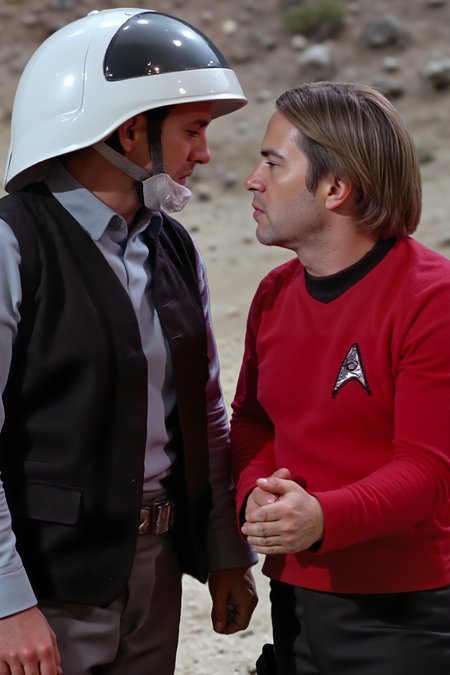 A hyper-realistic close-up of a star wars Rebel Trooper with open black vest and helmet and a man in red star trek TOS uniform standing at a an alien planet. Both have their hands on their hips, looking at each other, prepared for the worst. The background shows a desert planet surface. Both have determination on their faces. detailed faces.<lora:REBEL_TROOPER_FLUX:1.05><lora:Flux DetailerV2><lora:aidmaMJ6.1-FLUX-V0.1:0.6><lora:Movie_Portrait><lora:TOS_FLUXV1:1.1>