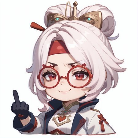 score_9, score_8_up, score_7_up, rating_safe, zPDXL2,  zPDXLxxx, zPDXL3, source_anime, <lora:GenshinChibi:1.2>, 
GenshinChibi, chibi, purah, hair ornament, red headband, sleeveless shirt, white coat, white hair, 
red glasses, red eyes, smug, :3, 
gloves, black gloves, middle finger,  
<lora:purah-pdxl-nvwls-v1:0.8>