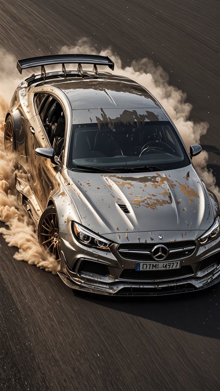 GOLD LIQUID METAL DTM sports car, race car, racing through SILVER LIQUID METAL, liquid metal sprays up from the cars tyres, Car drifting in a black void, <lora:Liquid_Fluid_Metal_XL_-_By_DICE:0.4>
