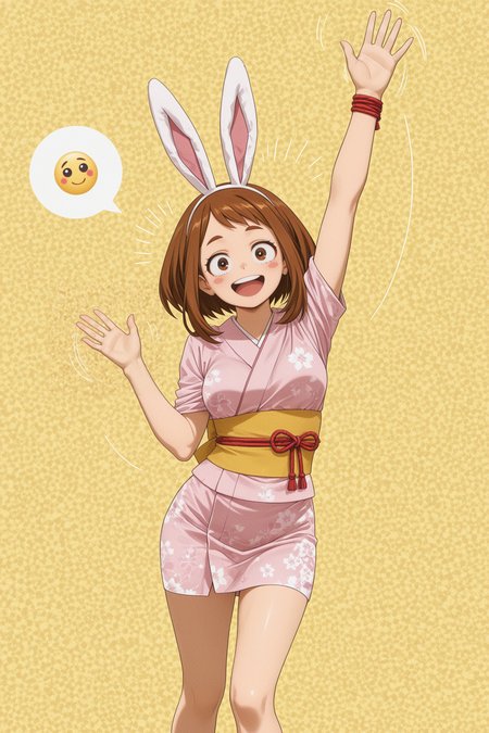 masterpiece, best quality, (anime coloring:1.2),
solo, 1girl, mature, uraraka ochako, brown hair, short har, big eyes, round eyes, brown eyes, detailed eyes, fake bunny ears, pink kimono, short kimono, cherry blossom print, yellow sash, red rope, waving hand, looking at viewer, laughing, smile emoji, speech bubble, (checkered background:1.2), yellow background, motion lines