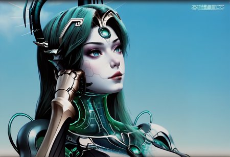 Masterpiece, best quality, amazing quality, very aesthetic, high resolution, ultra-detailed, absurdres, HDR, cinematic lighting, highres, newest, 
poyu, PoYu, snake woman, cyborg lamia, futuristic snake-themed character, biomechanical hybrid, snake tail lower body, green hair, 1girl, solo, long hair, portrait, black hair, cyborg, forehead jewel, looking to the side, black eyes, lips, metallic body parts, teal glowing eyes, forehead jewel, cyberpunk aesthetic, techno-organic design, snake horns, glowing teal highlights, holographic elements, snake_tail, cybernetic_face_hex_marks, hand_on_own_cheek,