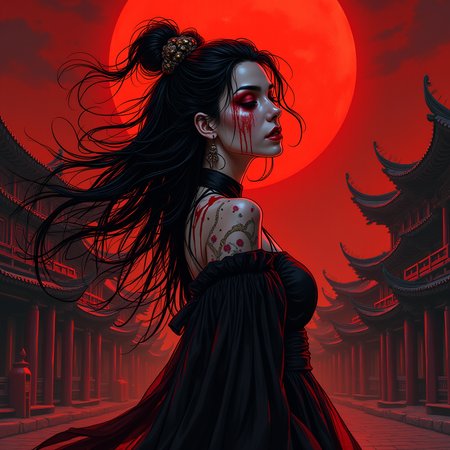 (photorealistic,  thick lineart, sharp edges, cel shading, linear hatching) full body, , 1women, vampire, jiangshi, blood on face, blood on clothes, Break chinese temple, Emphasize theatrical elements with extreme opposition of bright colors against dark, moody backgrounds, under a dark red sky,