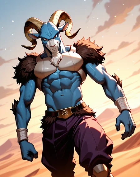 <lora:Moro_2nd_Form_(Dragonball_Z)_(Illustrious)_(AD):1> Moro, muscular, goat,
dutch angle, exterior, desert, sky with detailed clouds,
male focus, gradient coloring, solo, cowboy shot, bent leg, perfect proportions, goat head, blue body, soft shading, evil smirk, old, wrinkles, white beard, brown fur shoulders, brown fur waist, , 
BREAK very awe, aesthetically pleasing, masterpiece, best quality, amazing quality, very aesthetic, perfect depth of field shot, in'ei, furry_art, source_furry, source_anime,
EZRealPONYXL, zPDXL, Smooth Quality, lazympos, IllustQualXL_Pos,