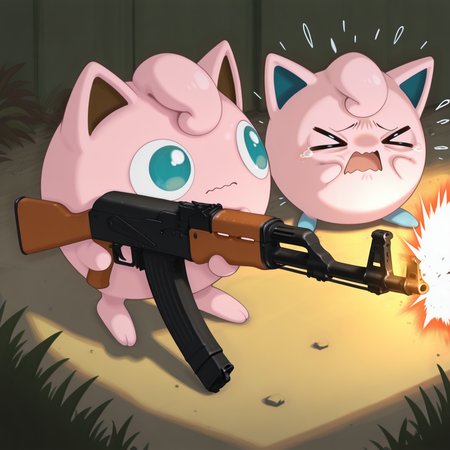 embedding:IllusP0s, g00se, jigglypuff_\(pokemon\), ak-47, assault rifle, no humans, cute, aiming, ><, scared, wavy mouth<lora:ak-47.safetensors:1.0:1.0> <lora:g00se_v2_ill.safetensors:0.8:0.8>