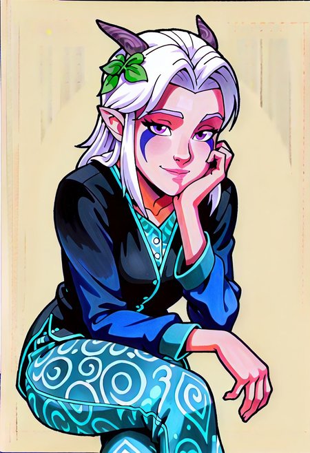 masterpiece, best quality, 1girl, solo, simple background, best artwork, Rayla, leaves in hair, patterned pyjamas, traditional media, colored pencil \(medium\), graphite \(medium\),
sitting, one hand on knee, one hand resting on cheek, crossed legs, looking at viewer, eye visible, detailed hands, relaxed pose, medium shot, soft expression,