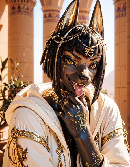 score_9,score_8_up,score_7_up,score_6_up,
indoors, upper body, face focus, long eyelashes, open mouth, tongue out, sharp teeth, evil grin, evil look, hooded robe, 
<lora:Anubis_v01_PDXL:1>,
Anubis,1girl,solo,jackal,egyptian,ankh,black hair,short hair,bangs,jackal ears,yellow eyes,snout,animal nose,dark-skinned female,colored skin,black skin,dark-skinned female,shiny skin,tail,tattoo,animal feet,
<lora:add-detail-xl:1>,
