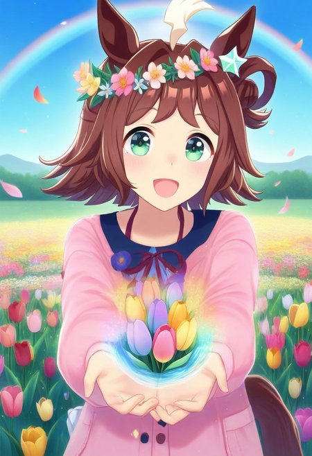 (umamusume, rhein_kraft_(umamusume), horse_ears, horse_girl, tail, 1girl, Tulip, animal_ears,), 
casual, field, flower, flower_field, green_eyes, hair_between_eyes, hair_ornament, 
head_wreath, looking_at_viewer,  solo, , symmetric ,spiralling vortex made of multicoloured tulips,ripples, reflective, jaynl-tm, rainbow, , g0ldsw0rthy,
(realistic, photo,  artistic, medium_hair, one_eye_closed, petals, relaxing,  lush foliage sunrise,  ,  : 0.7)