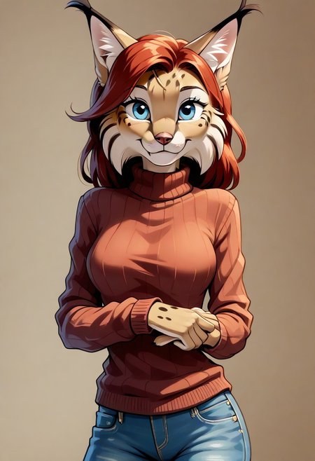digital_media_(artwork) hi_res, score_9, score_8_up, score_7_up, score_6_up, source_furry, rating_safe, anthro, furry, female, furry female, detailed textured fur, fur tufts, lynx, red hair, blonde brown fur, spots, beautiful blue eyes, medium breasts, covered breasts, slim, slender, turtleneck sweater, denim jeans, smile, SFW, TottotoneroTP,