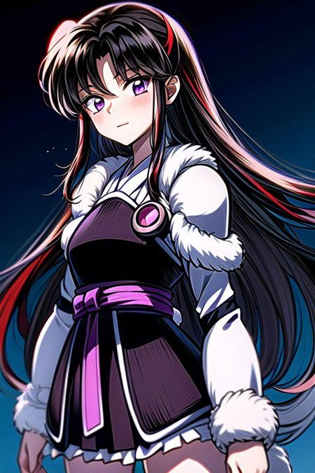 masterpiece,  best quality 1girl Setsun4 solo long hair,  (night time) forest background black hair very long hair purple eyes multicolored hair armor (fur trim) (medium body),<lora:EMS-179-EMS:0.800000>,<lora:EMS-293862-EMS:0.800000> bow, hair_bow, hair_tubes, red_bow, brown_hair, long_hair, bangs, ascot, frilled_bow, yellow_ascot, blush, smile, hair_between_eyes, athletic, armor, miko