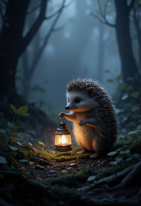 A small hedgehog standing alone in a dark, misty forest. The hedgehog is covered in spiky needles and holds a small glowing lantern in its right paw, which illuminates its surroundings. The hedgehog has wide, round black eyes with a gentle, innocent expression. Its tiny legs and arms are barely visible under the thick coat of needles. The overall atmosphere is mysterious and melancholic, with soft, diffused lighting. The foggy background creates a sense of depth and isolation, with dark, indistinct trees barely visible in the distance.   <lora:FluxMythP0rtr4itStyle:0.8> MythP0rt, <lora:aidmaMJ6.1-FLUX-V0.2:0.6> aidmaMJ6.1, <lora:sxz-Dark-Fantasy-v2-Flux:0.66> drkfnts style,