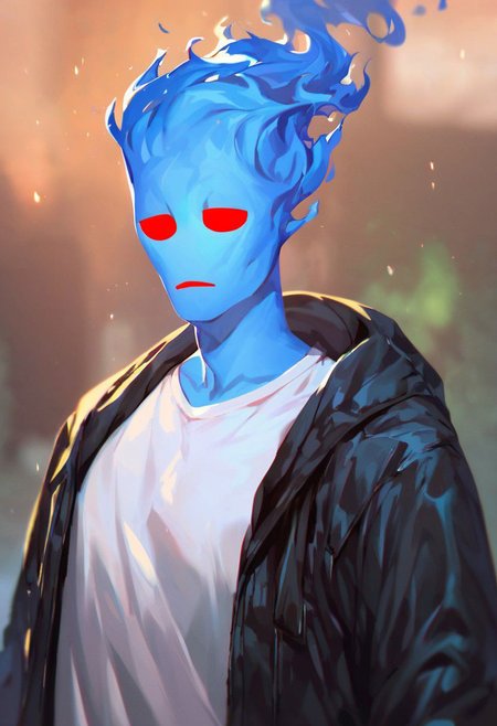 (((beautiful, high quality))), upper Body, score_9, score_8_up, score_7_up, 
FireHuman, blue fire, empty eyes, 1male, blue skin, red eyes, black jacket, grey T-shirt,
looking at the viewer, posing, blurred background,