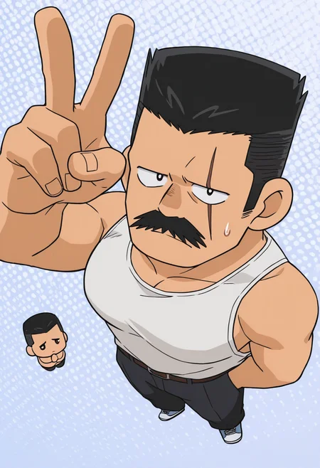 1boy, (chibi:1.85), white tank top, looking at viewer, abstract background, v, hand up, own hands together, from above, sweatdrop, awkward, 
BREAK
<lora:Kiyonaga_Matsumoto_from_Detective_Conan_v1.0:1> large pectorals, (long sideburns:1.5), beard,
kiyonagamatsumoto, mature male, black hair, flattop, thick mustache, scar across eye, anime screencap,
<lora:perspective:1> perspective,
BREAK
very awa, masterpiece, best quality, absurdres, newest, perfect quality, detailed background, intricate details,