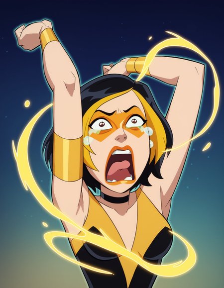 score_9, score_8_up, score_7_up, score_6_up BREAK, g0g1-dh, 1girl, solo, short hair, black hair, gold hair, multicolored hair, choker, domino mask, makeup, lipstick, gloves,black dress,human scabbard, holding, holding weapon, holding sword, glowing, aura  <lora:Golden_Glider_Kite_Man_r1:0.7> <lora:concept_aquascreaming_ponyXL:1>
