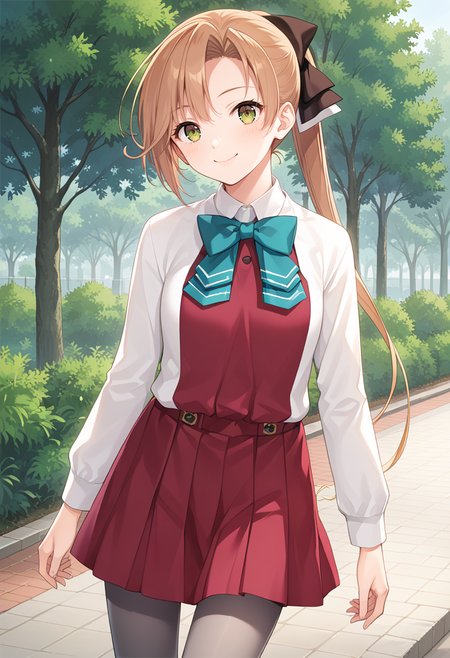 standing, 1girl, solo, cowboy shot, park,  <lora:KC_01DD_akigumo_pony:1> akigumokc, brown_hair, long hair, ponytail, hair ribbon, black ribbon, green eyes,      akigumodefkc,  purple_uniform, sleeveless dress, halterneck, blue bowtie, white blouse, long sleeves, skirt, pleated skirt, grey pantyhose,, score_9,score_8_up, score_7_up, source_anime, masterpiece, best quality,  official art, official style, game cg, megami magazine, rating_safe, rating_questionable, <lora:Fixhands_anime_bdsqlsz_V1:0.75>, NEGATIVE_HANDS