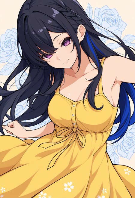 masterpiece, best quality, 1girl, solo, Ichin0se, purple eyes, multicolored hair, black hair, blue hair, long hair, braid, lineart, smile, yellow sundress, floral background, print background, dutch angle, dynamic pose, <lora:ChamIchinoseUruhaNoob:1>