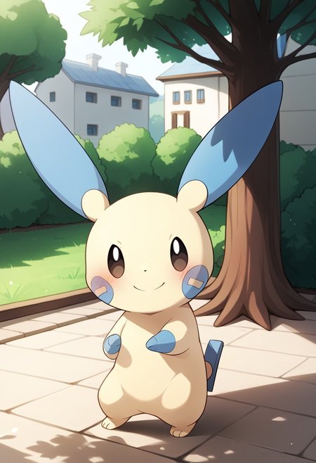 (source_anime, source_furry, score_9:1), (score_8_up, score_7_up:1), rating_explicit, BREAK solo,  mouth, ,smile, ,,, garden,tree,house,,Pokemon (creature),cute,cute face, ,,,,,Minun